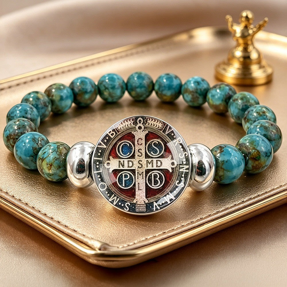 Turquoise Bead & Saint Benedict Bracelet