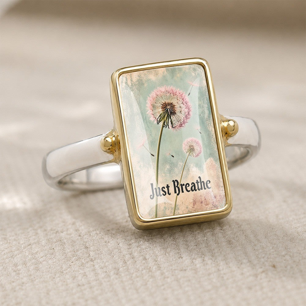 Pink Dandelion Just Breathe Square Ring