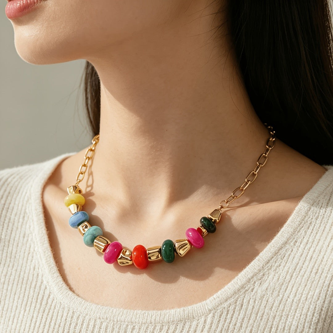 Multicolor Oval Resin Link Necklace