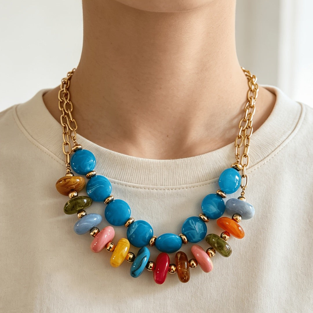 Multicolor Oval Resin Link Necklace
