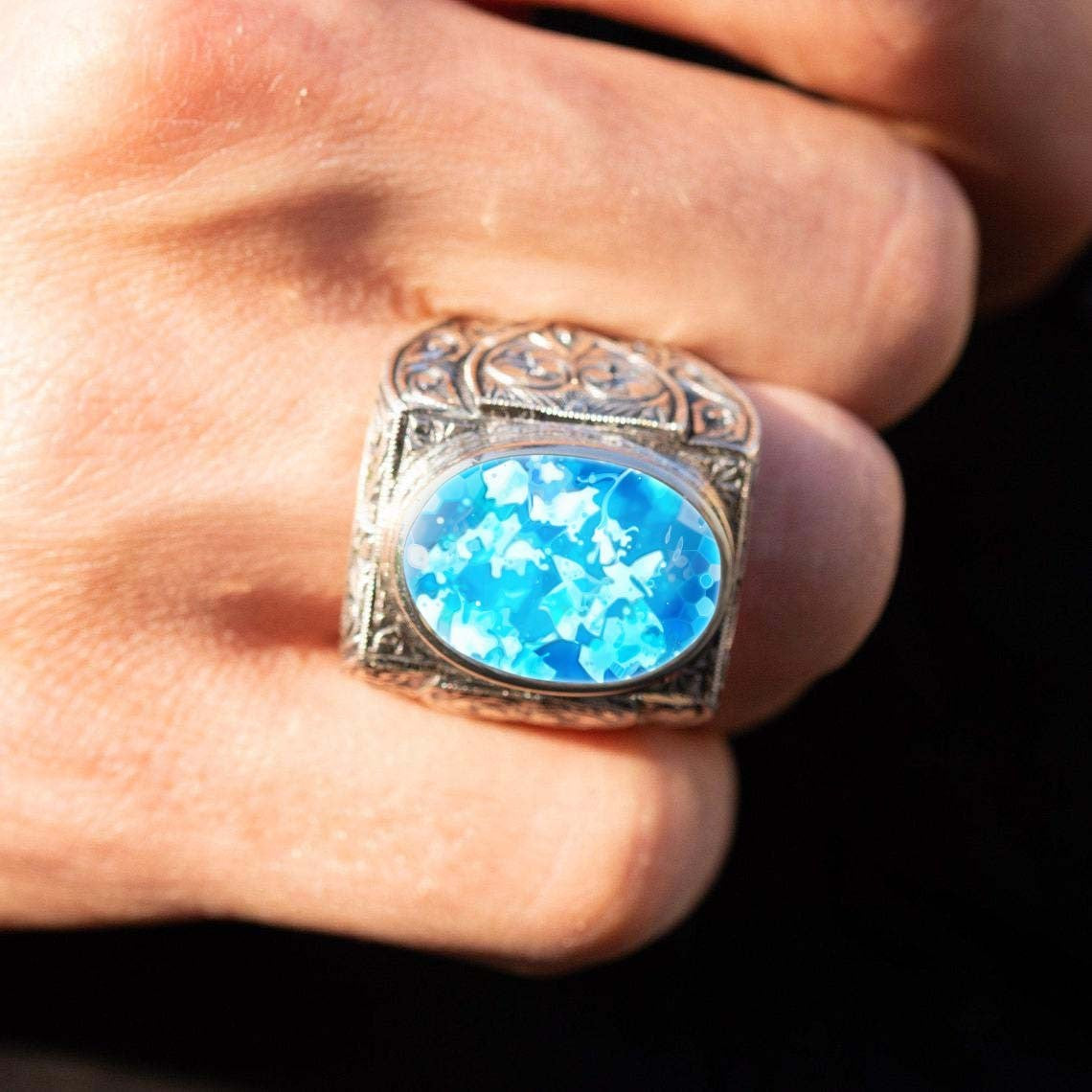 Vintage Carved Blue Oval Ring