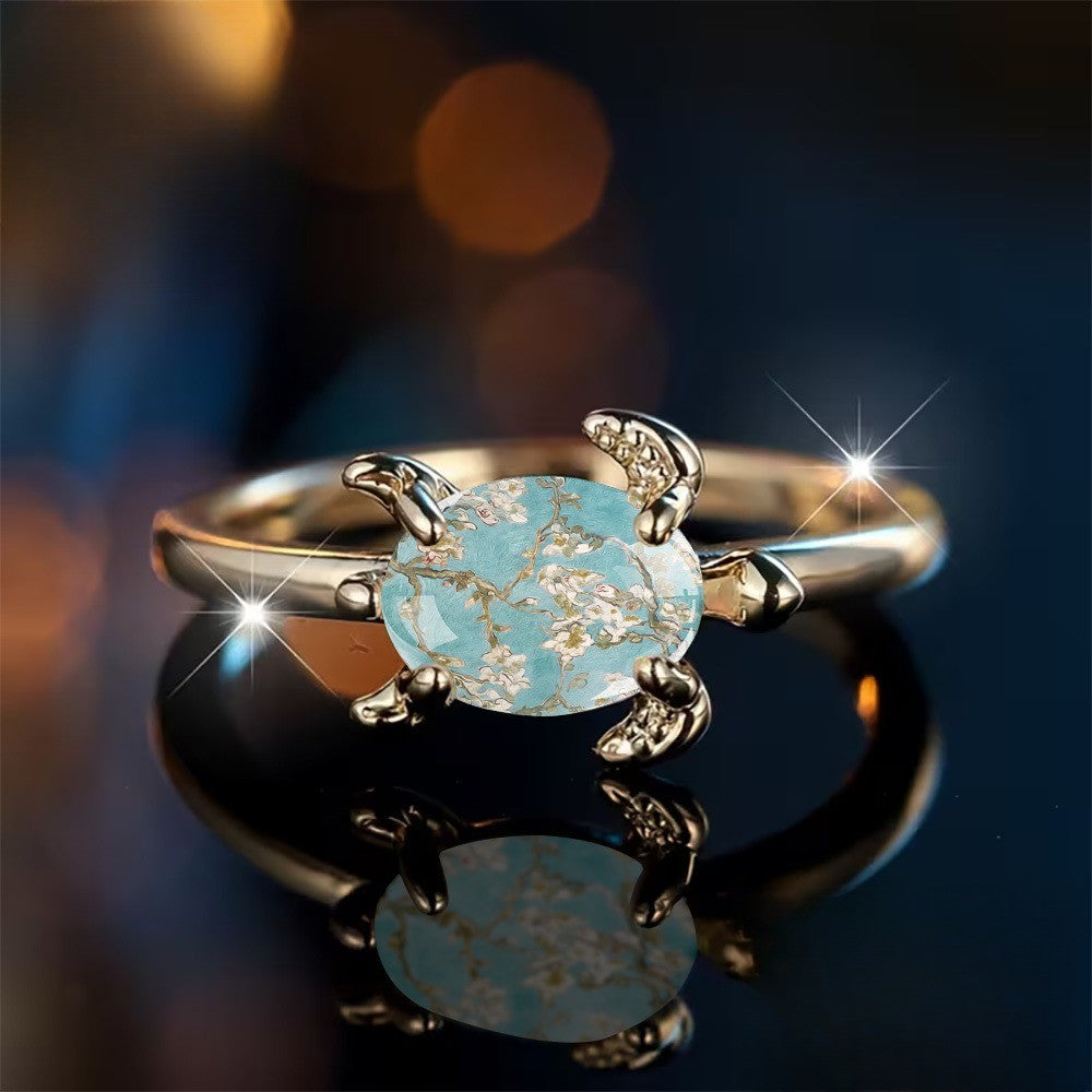 Sea Turtle Floral Oval Ring