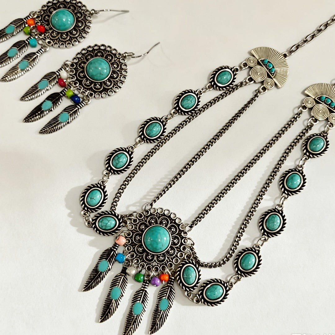 Turquoise Feather Statement Necklace Set