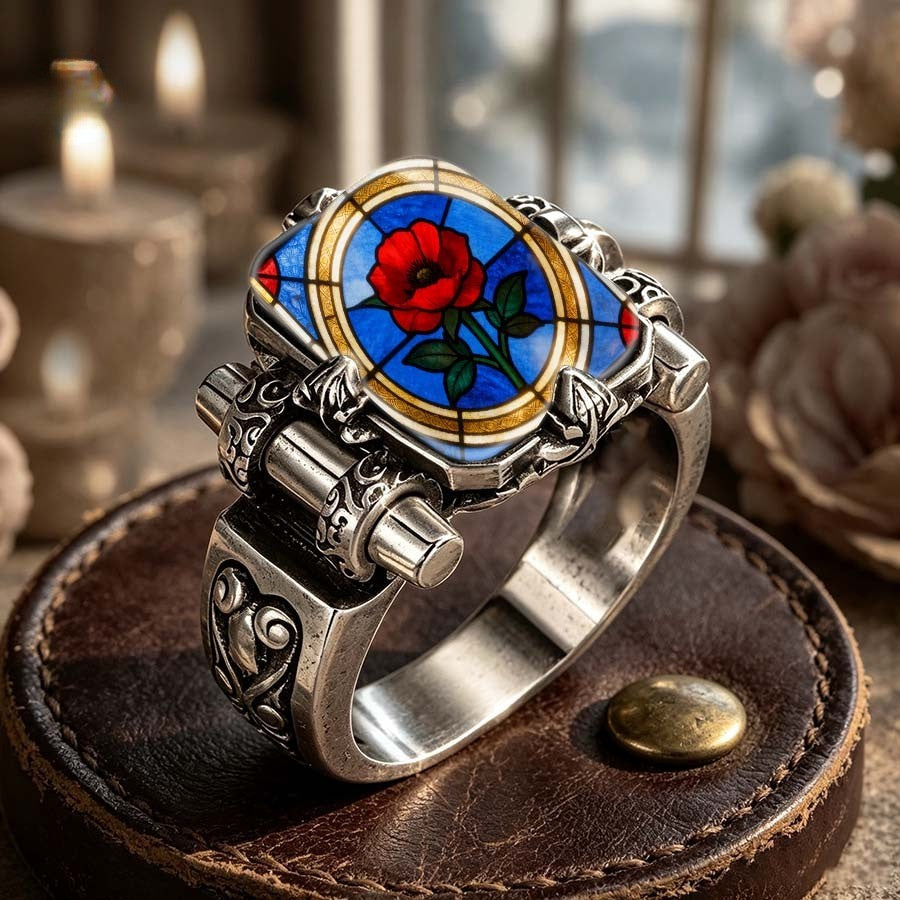 Red Rose Stained Glass Scroll Ring
