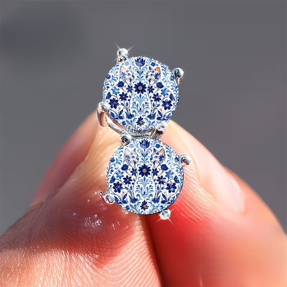 Blue Floral Cat Dome Stud Earrings