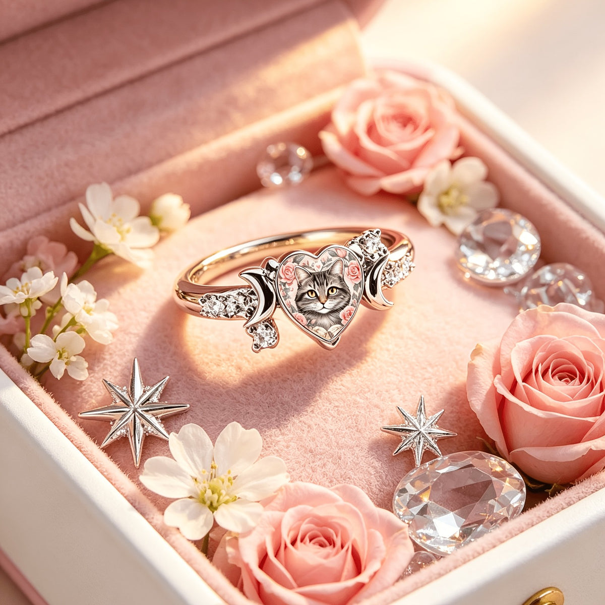 Cat & Rose Heart Ring