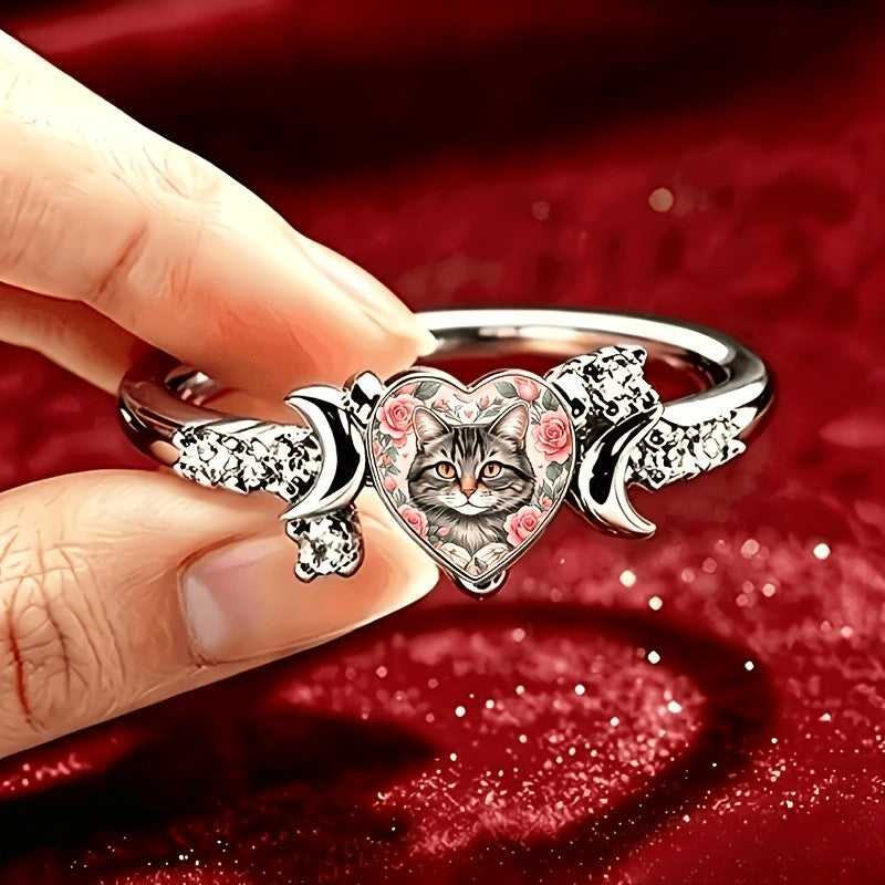 Cat & Rose Heart Ring