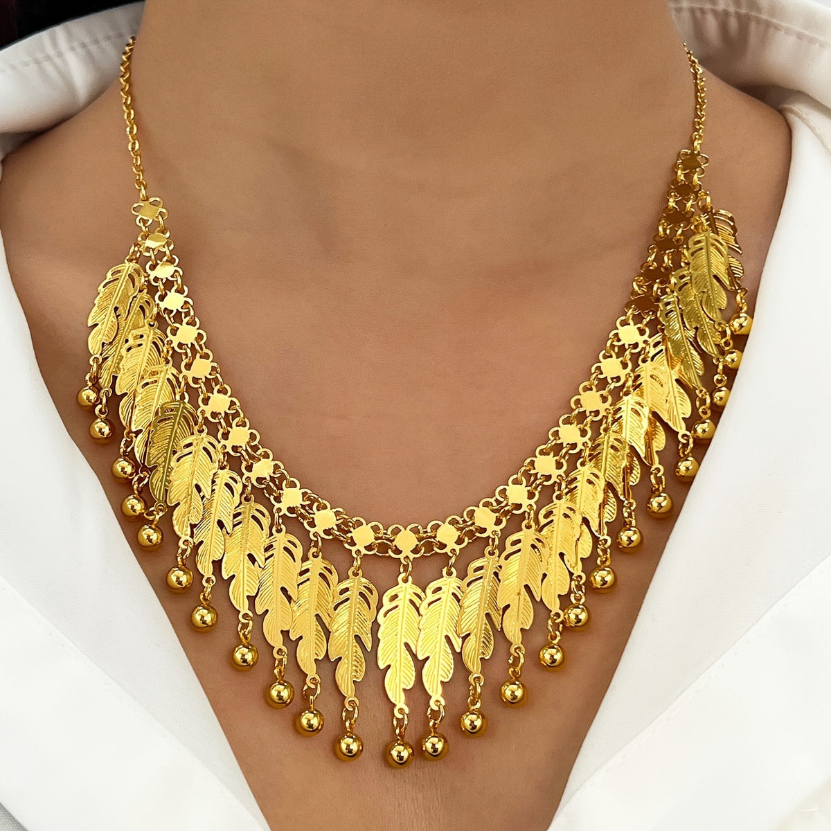 Gold-Tone Feather Tassel Necklace