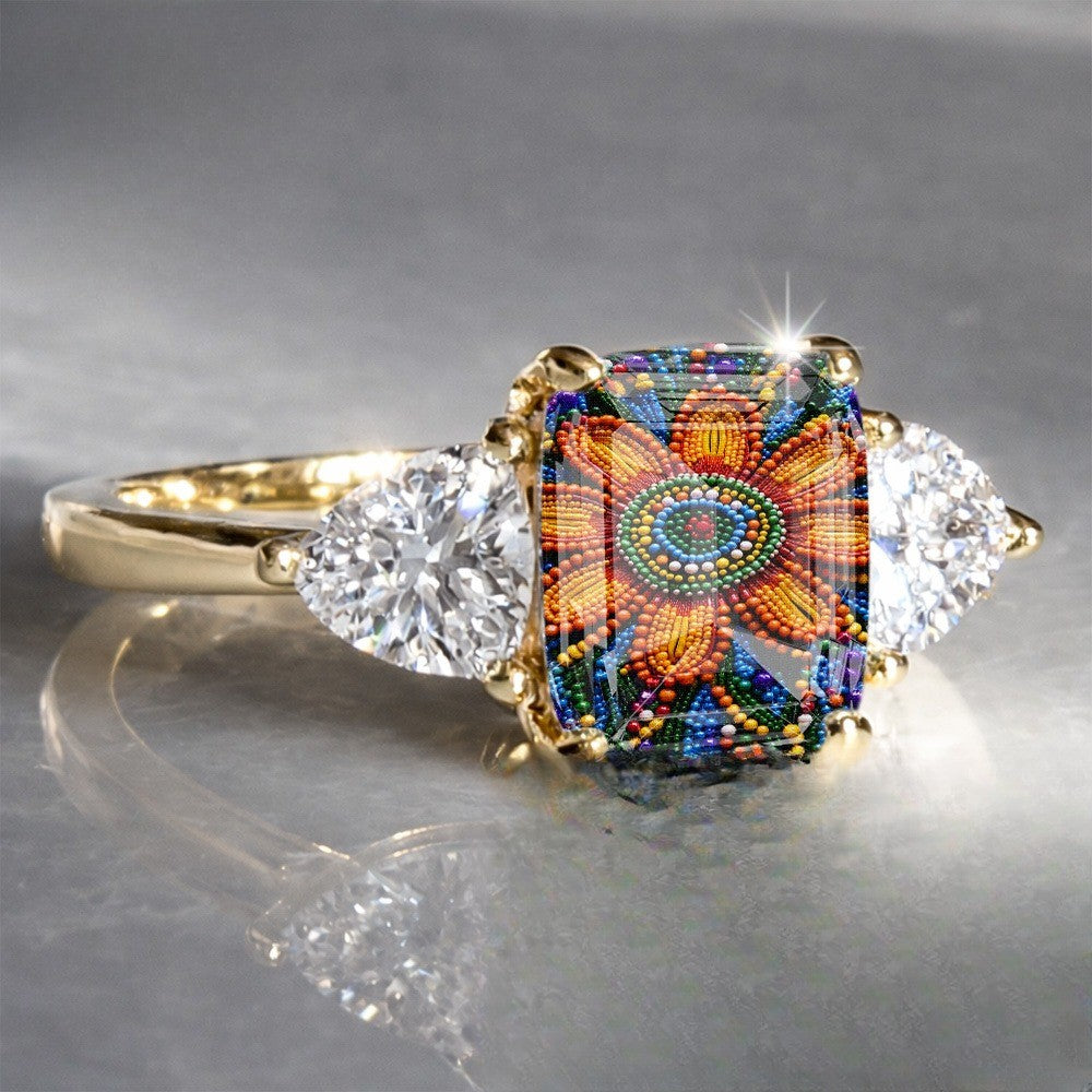 Colorful Beaded Floral Three-Stone Ring