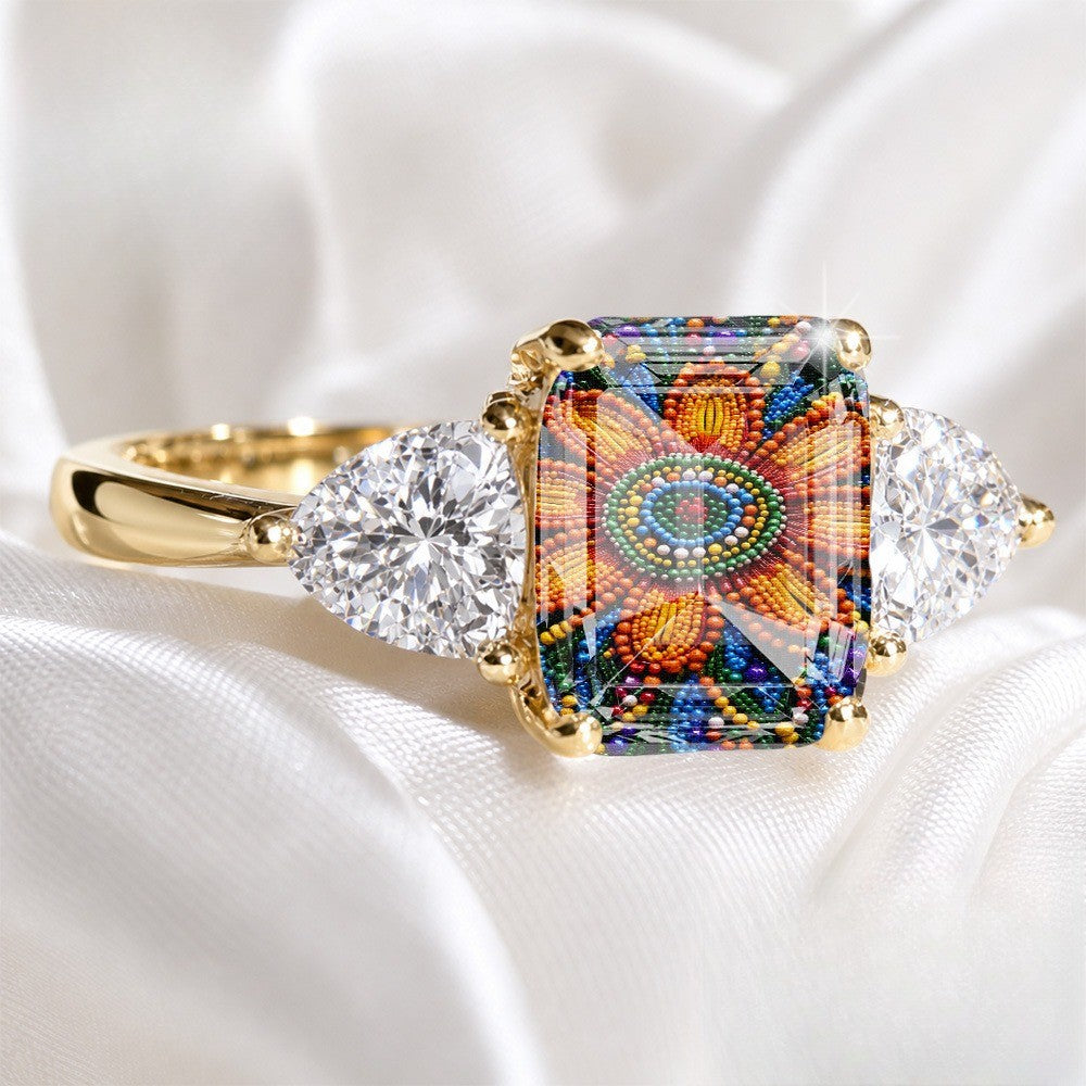 Colorful Beaded Floral Three-Stone Ring