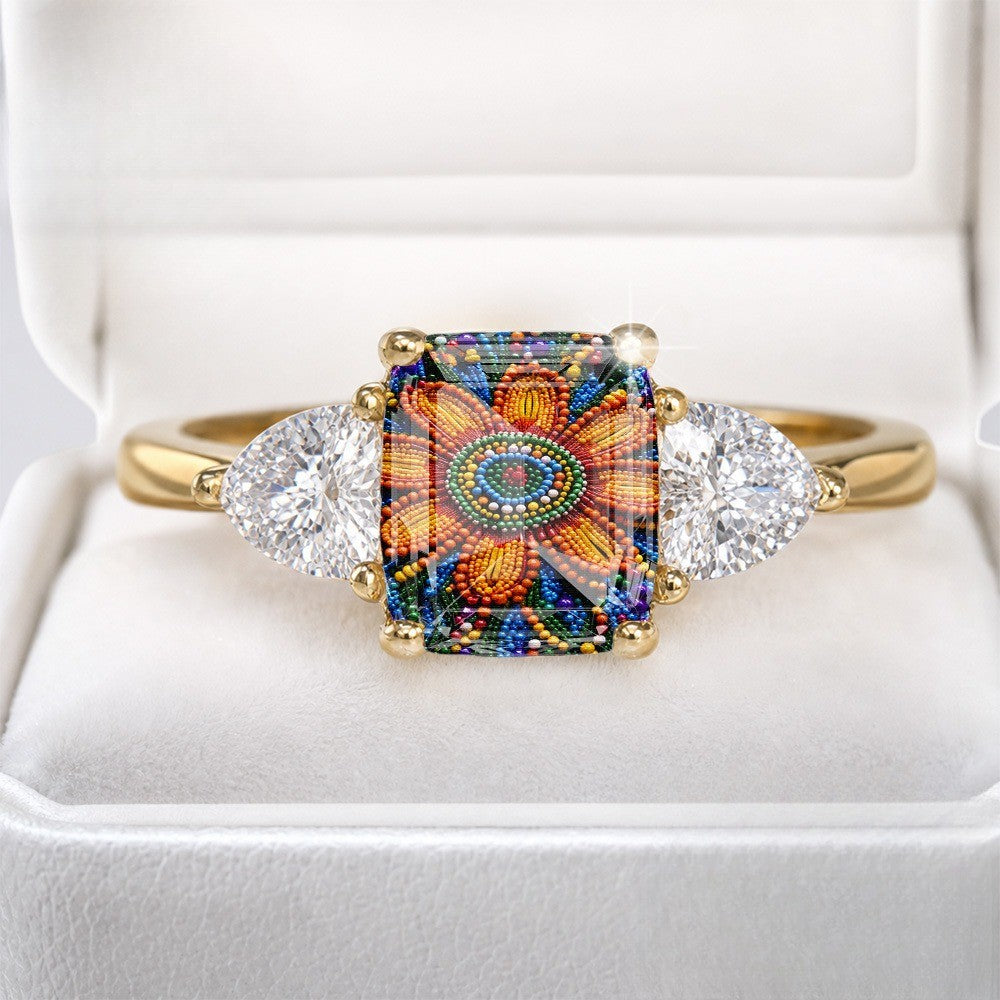 Colorful Beaded Floral Three-Stone Ring