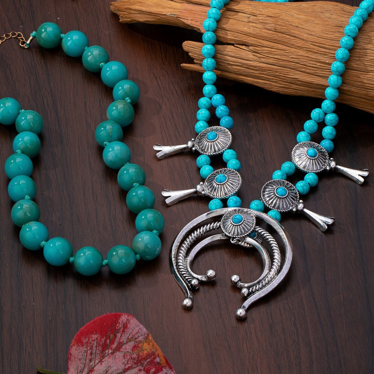 Turquoise Beaded Sunburst & Crescent Necklace