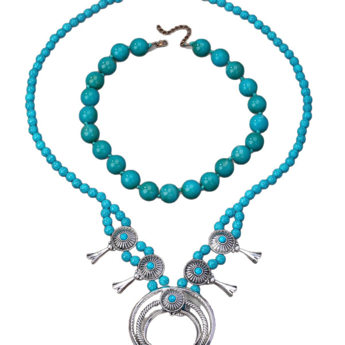 Turquoise Beaded Sunburst & Crescent Necklace