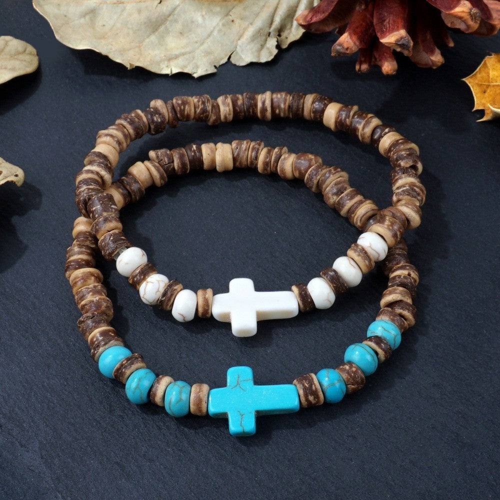 Wood Grain & Turquoise Cross Bracelet