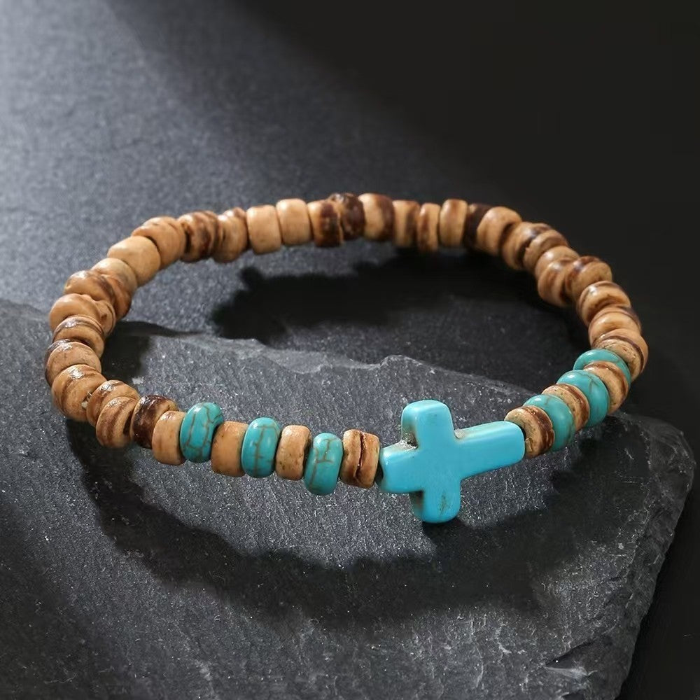 Wood Grain & Turquoise Cross Bracelet