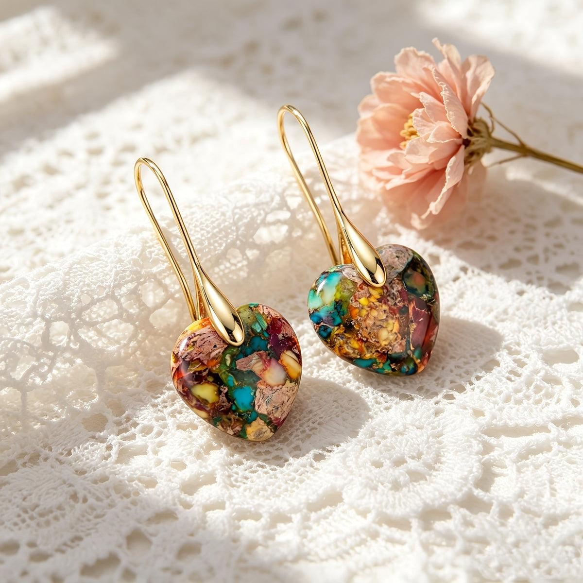 Multicolor Stone Heart Drop Earrings