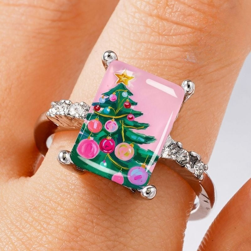 Pink Christmas Tree Square Ring