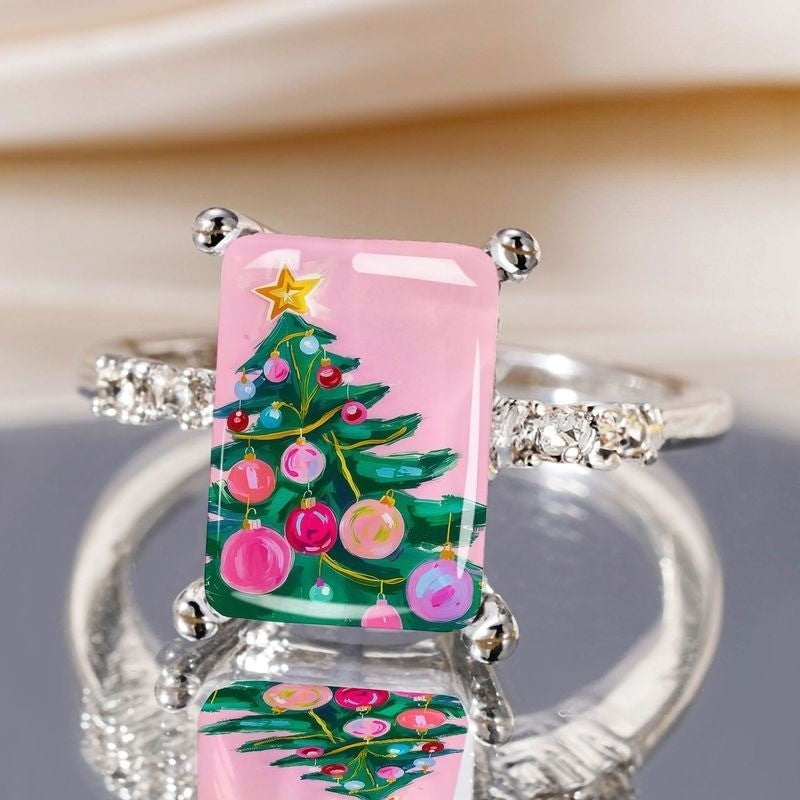 Pink Christmas Tree Square Ring