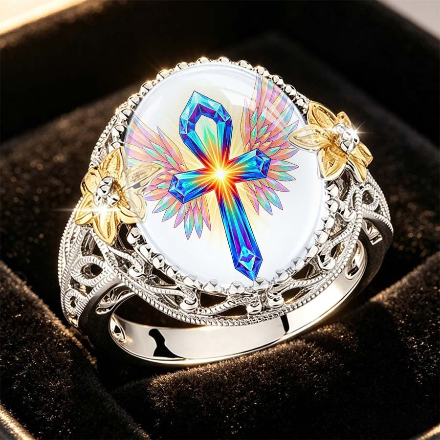 Iridescent Ankh & Wing Ring