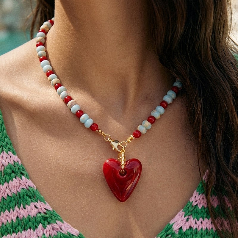 Red Heart Stone Bead Necklace