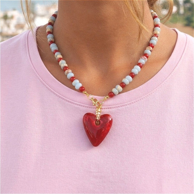 Red Heart Stone Bead Necklace