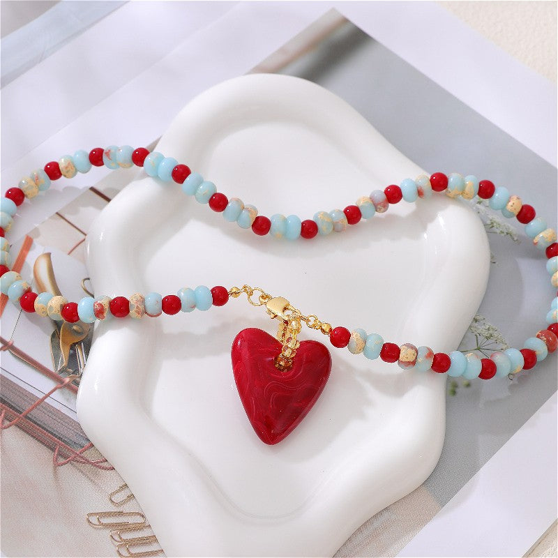 Red Heart Stone Bead Necklace