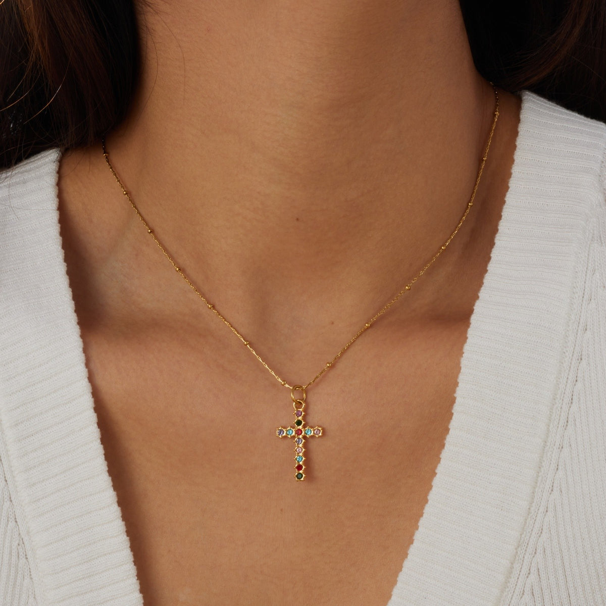 Rainbow Zircon Cross Necklace