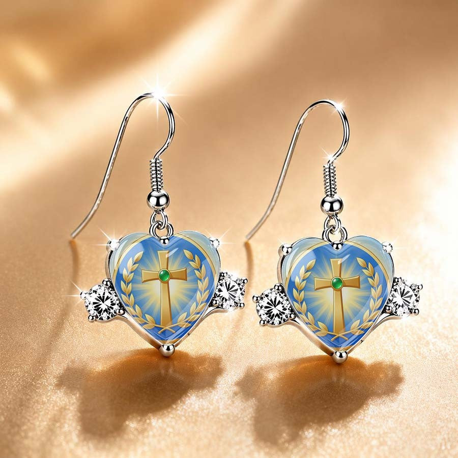 Blue Heart Cross Earrings