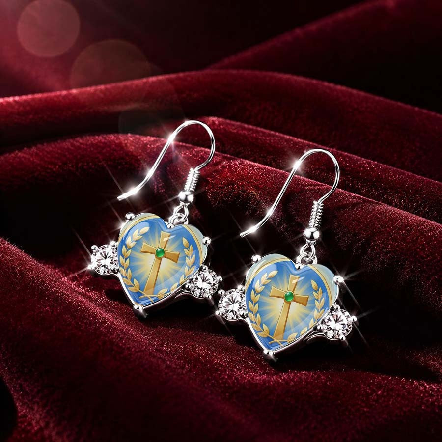 Blue Heart Cross Earrings