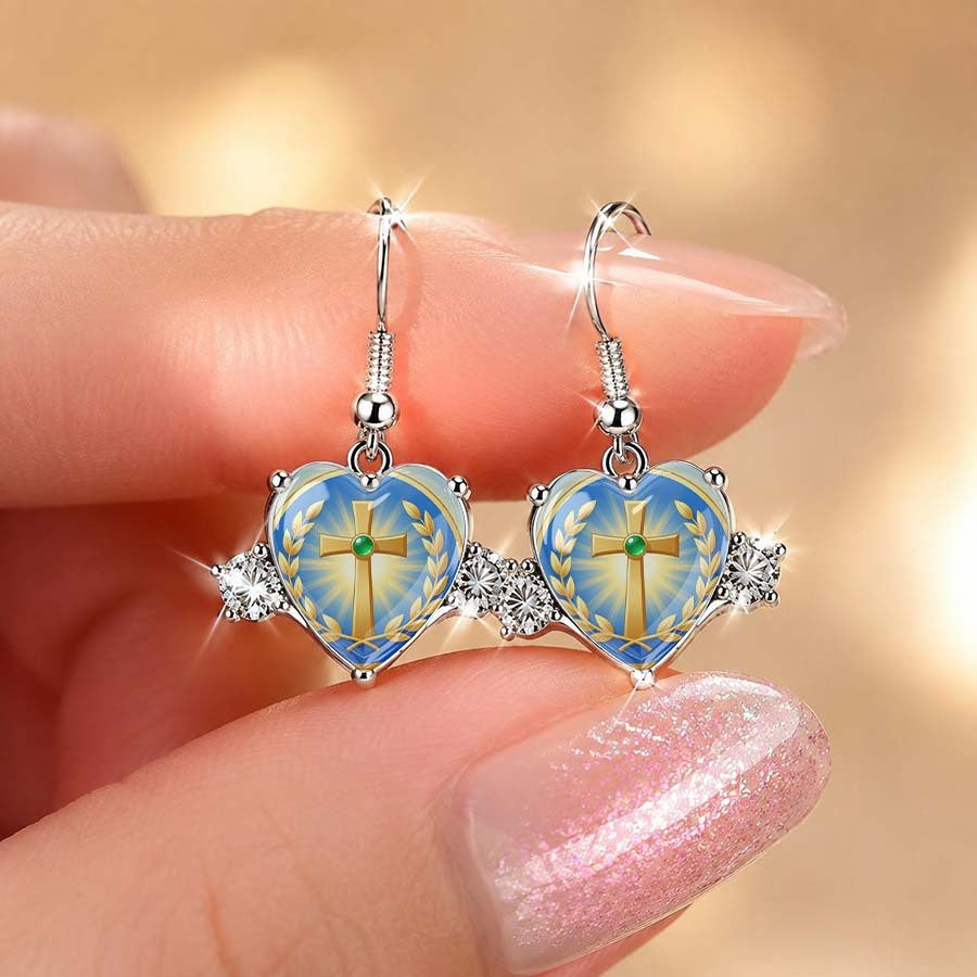 Blue Heart Cross Earrings