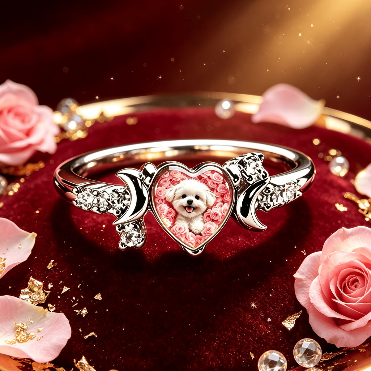 Pink Rose Puppy Heart Ring