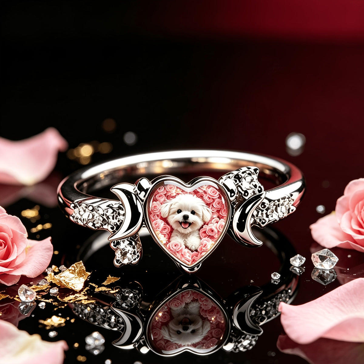 Pink Rose Puppy Heart Ring