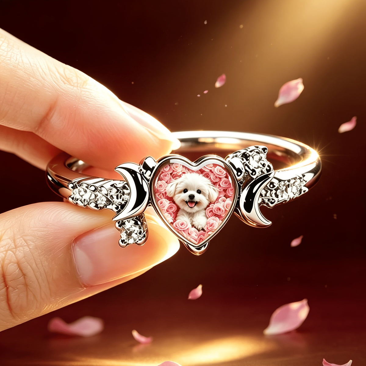 Pink Rose Puppy Heart Ring