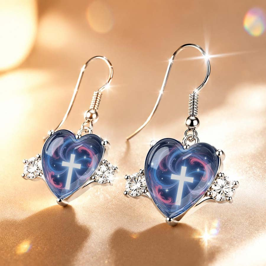 Blue Swirl Cross Heart Dangle Earrings