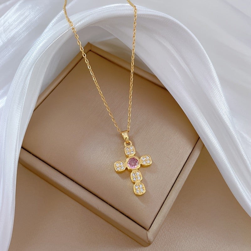 Square Zircon Gemstone Cross Necklace