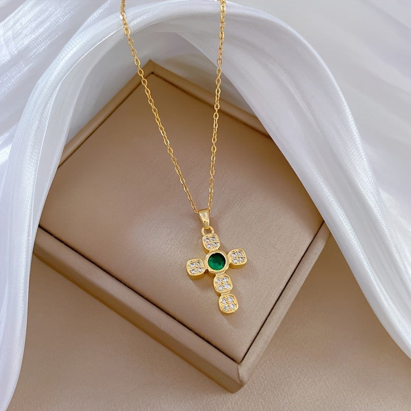 Square Zircon Gemstone Cross Necklace
