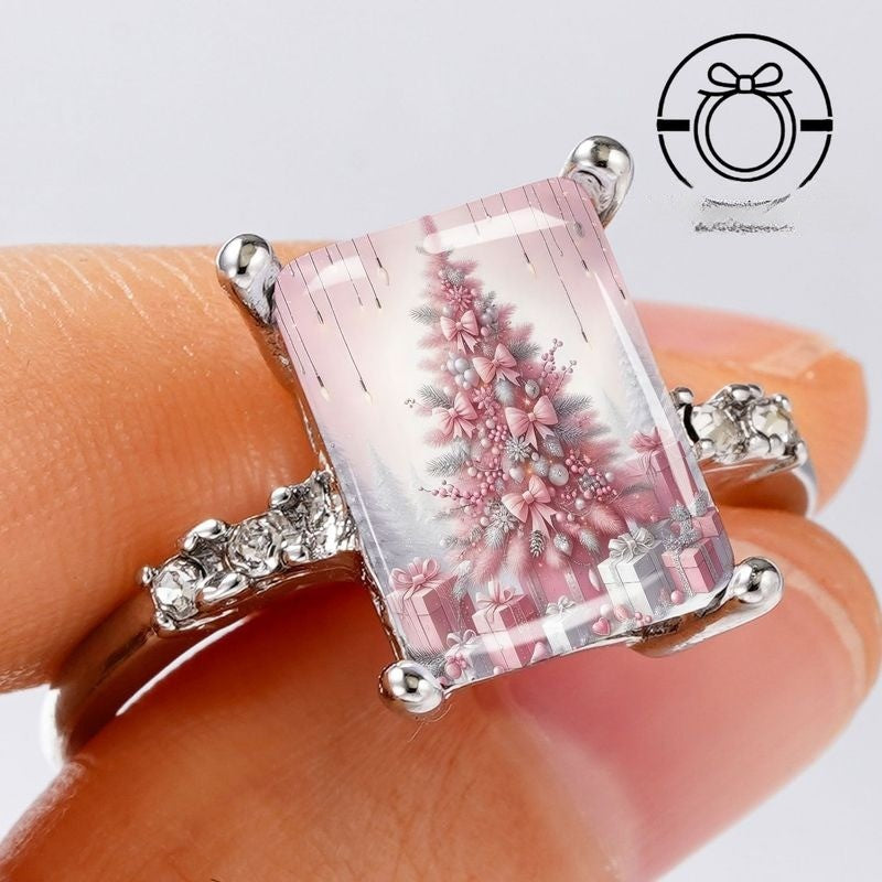 Pink Bow Christmas Tree Rectangular Ring