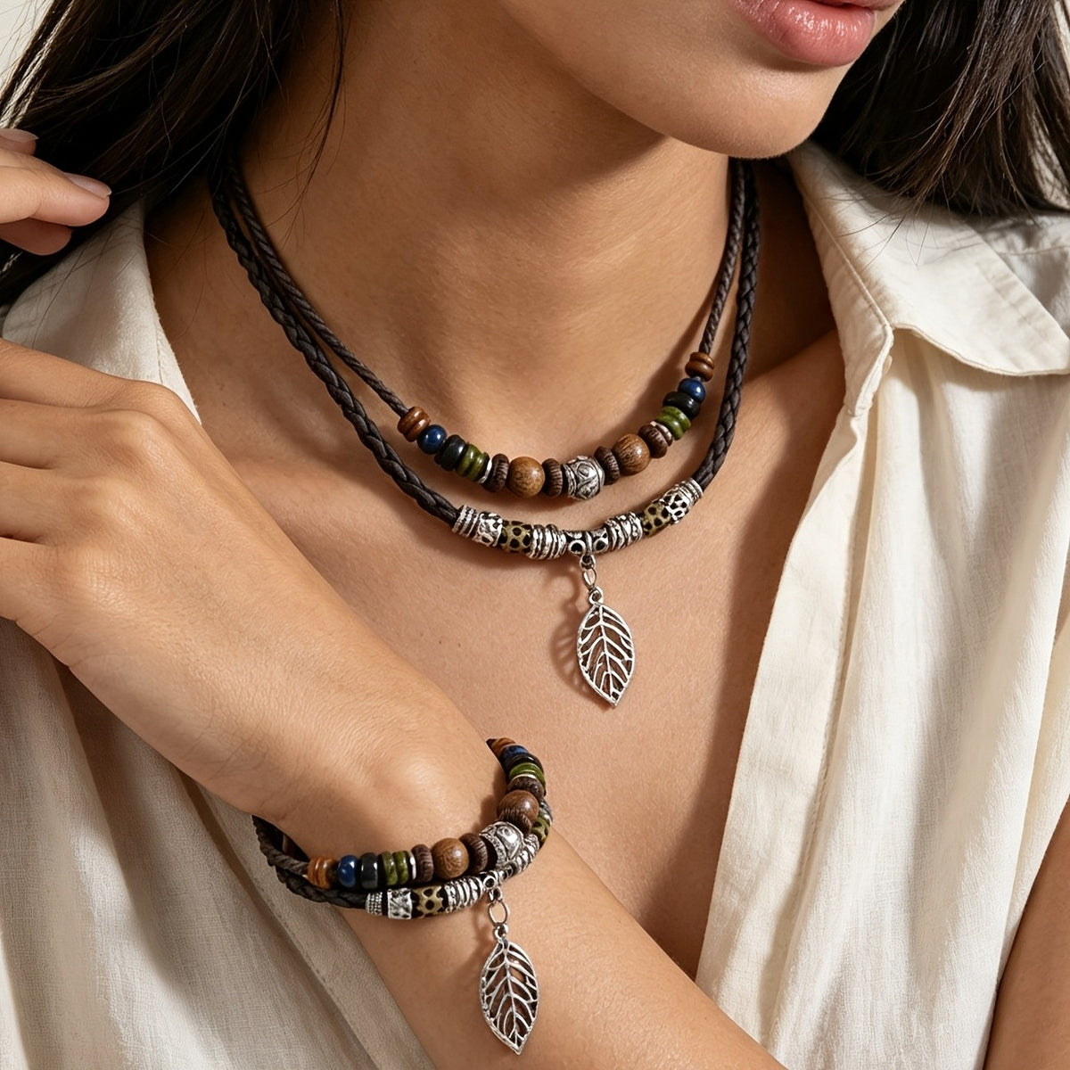 Braided Cord Leaf Charm Necklace & Bracelet Set
