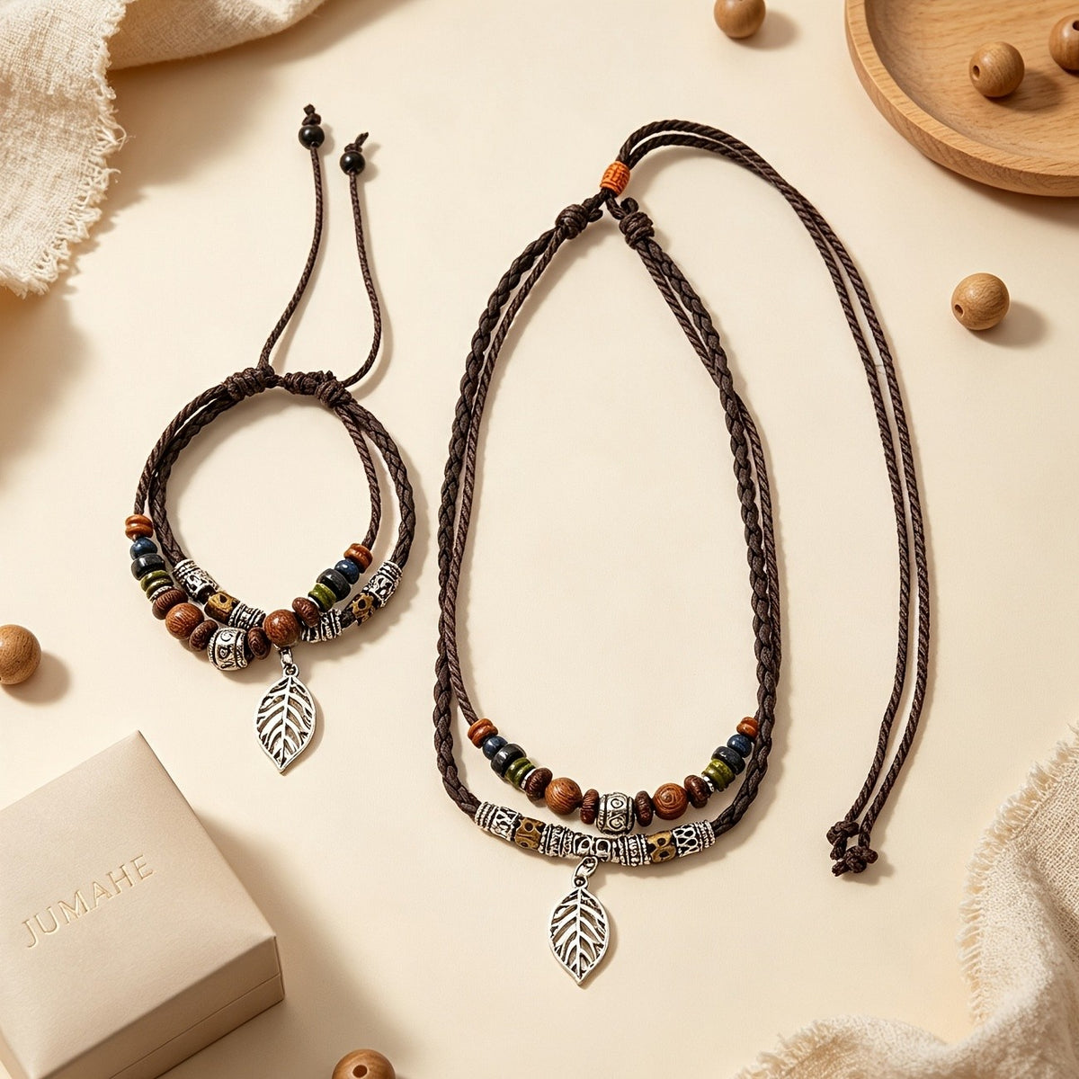 Braided Cord Leaf Charm Necklace & Bracelet Set