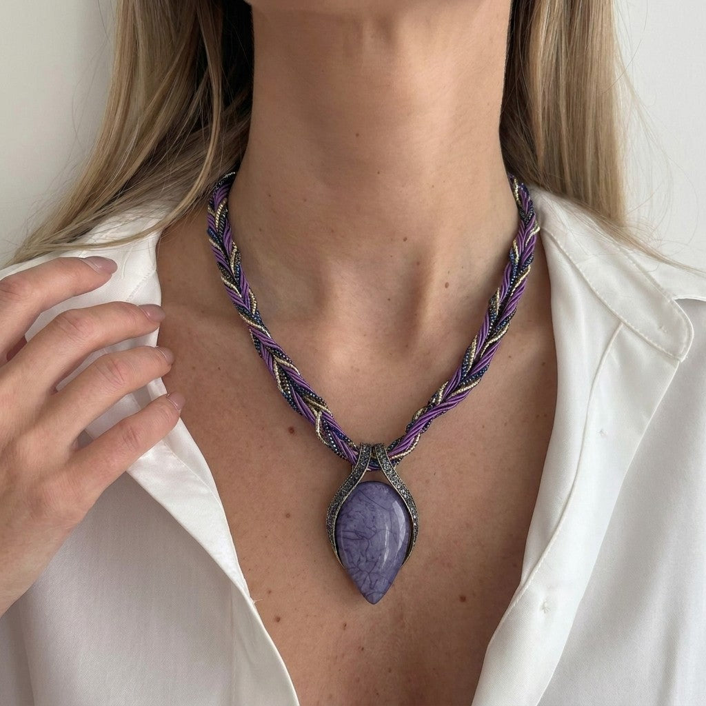 Purple Teardrop Braided Necklace