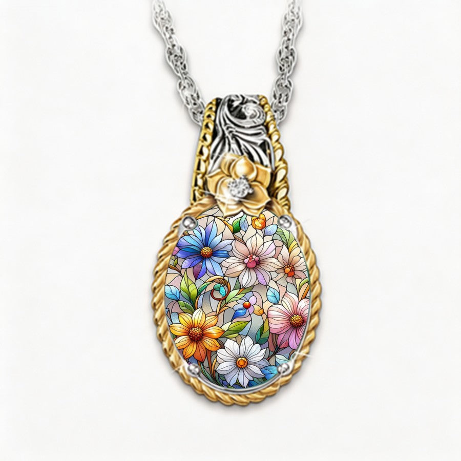Colorful Floral Glass Pendant Necklace