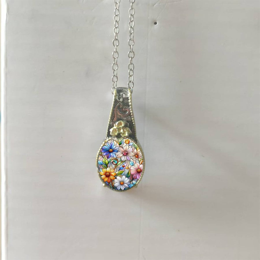 Colorful Floral Glass Pendant Necklace