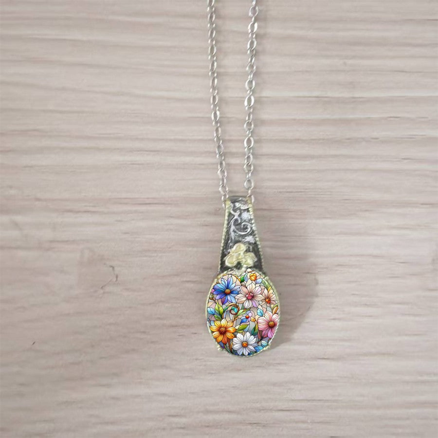 Colorful Floral Glass Pendant Necklace