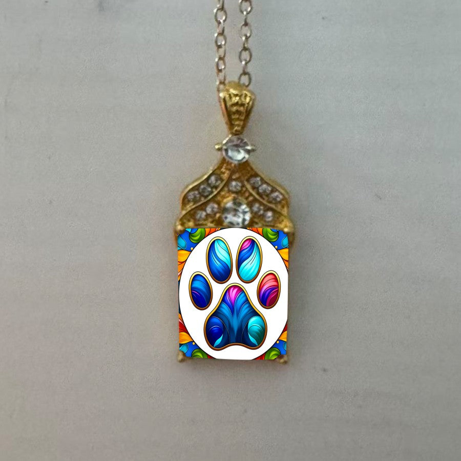 Ornate Glass Paw Print Pendant Necklace