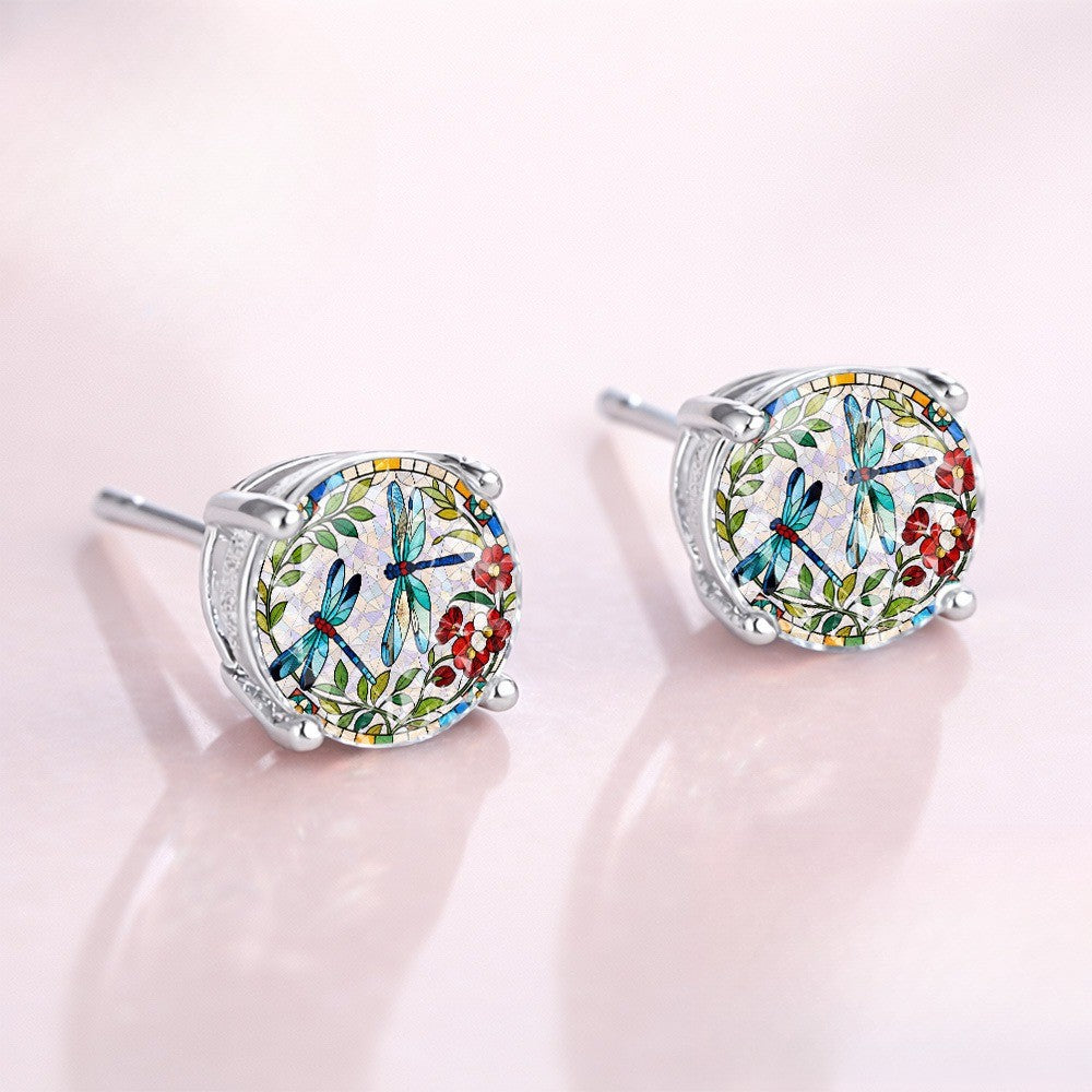 Dragonfly Mosaic Glass Dome Stud Earrings