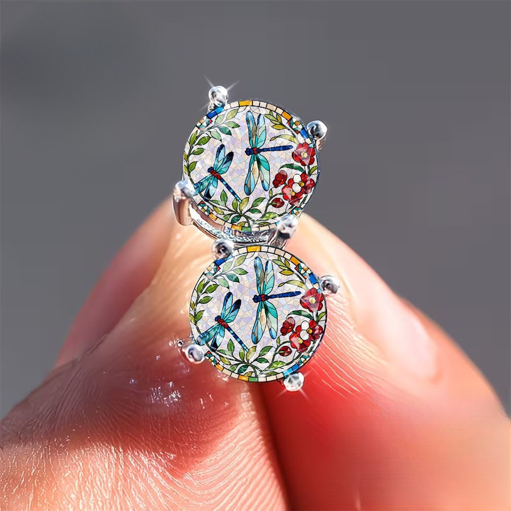 Dragonfly Mosaic Glass Dome Stud Earrings