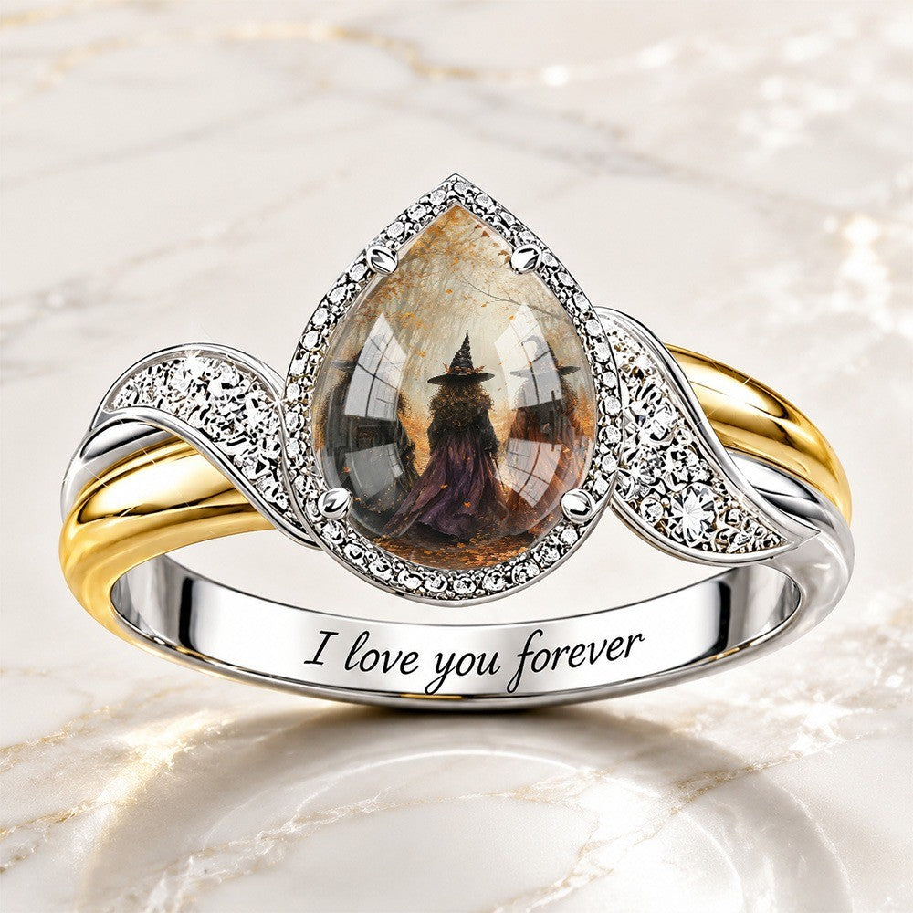 Engraved Witch Teardrop Ring