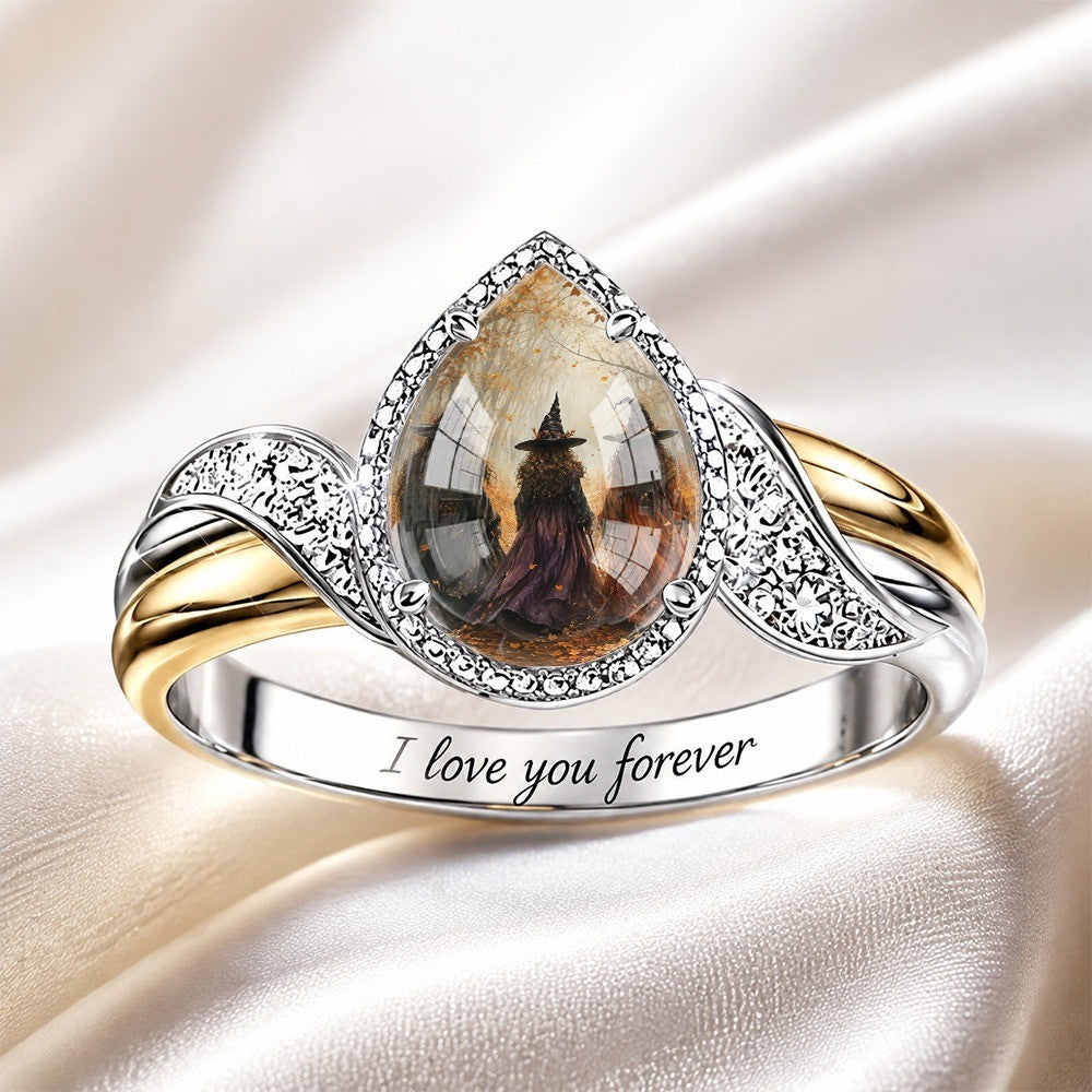 Engraved Witch Teardrop Ring