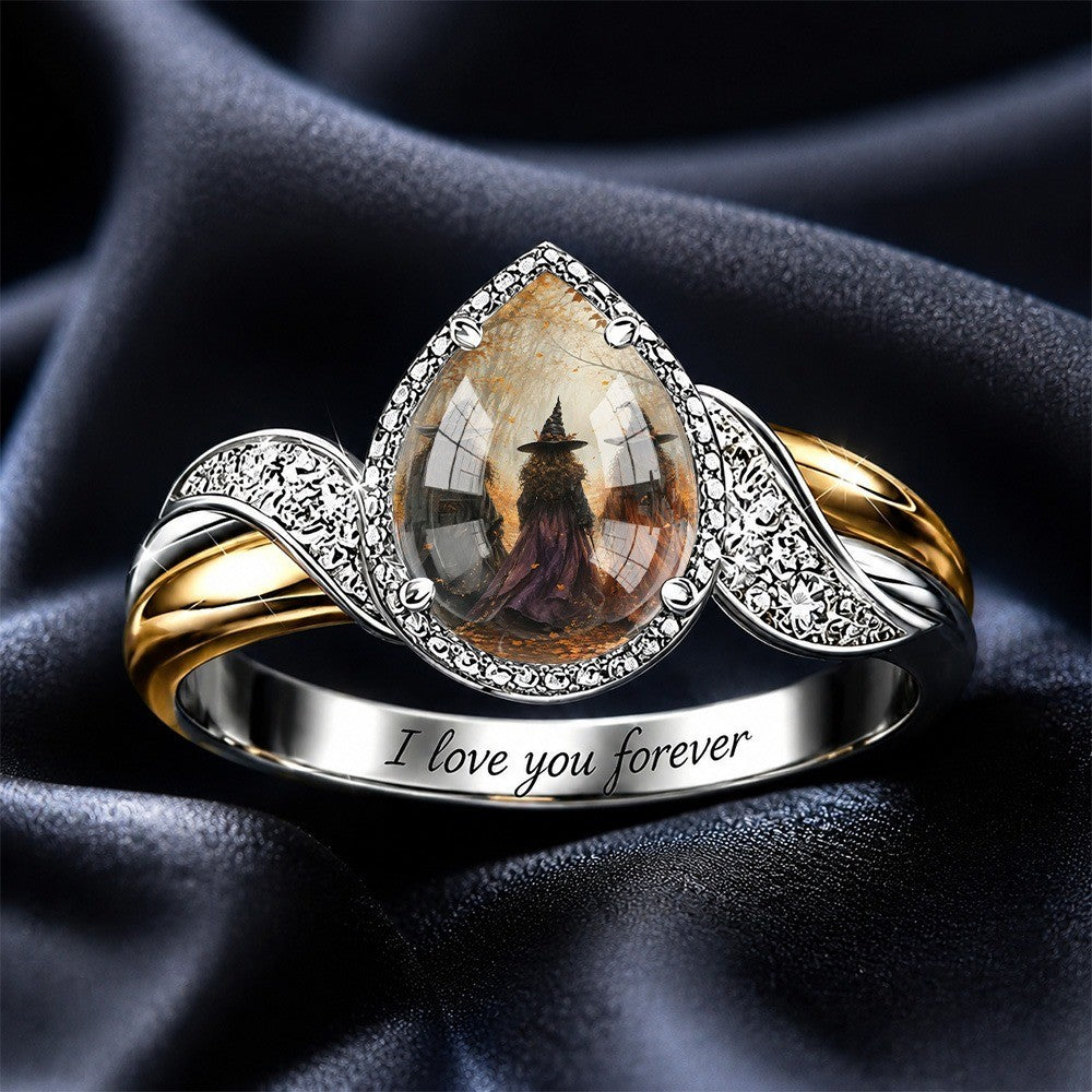 Engraved Witch Teardrop Ring