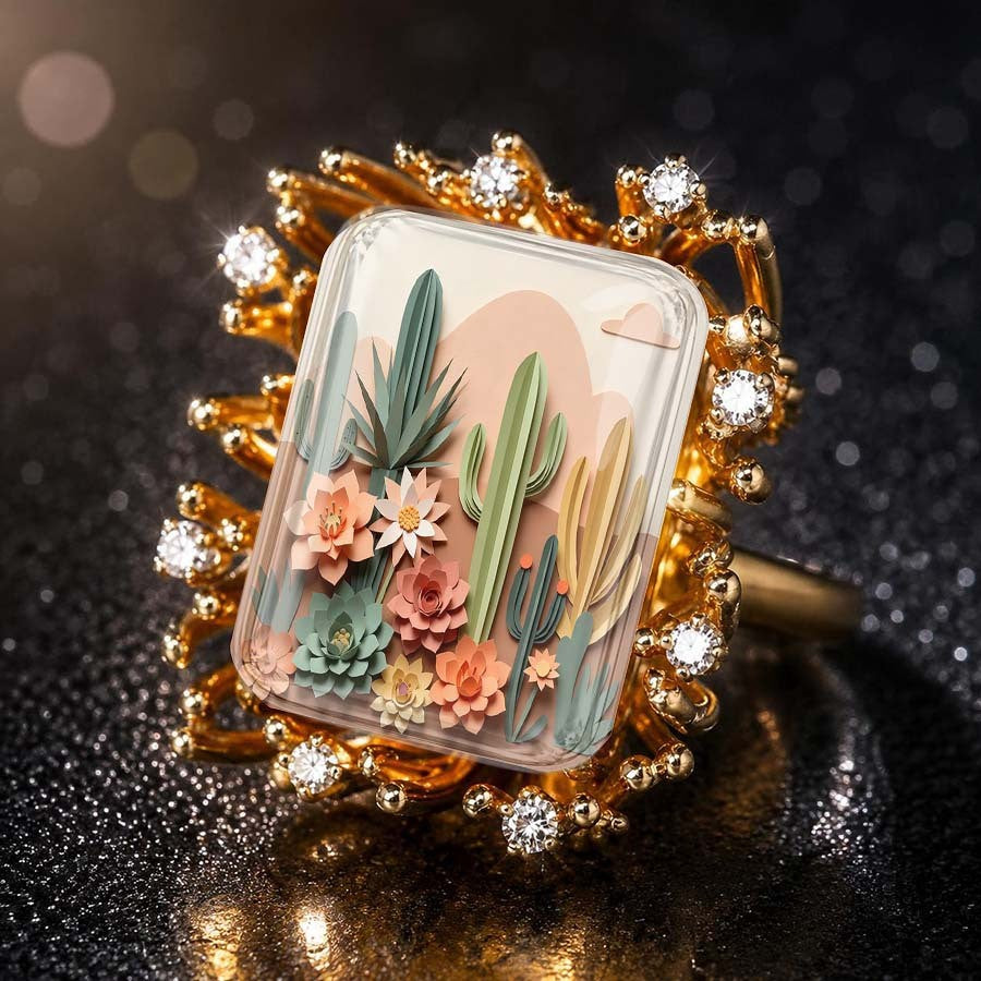 Desert Cactus & Floral Square Ring